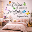 The motivational quote "If you Believe in yourself Anything is possible" written in black ink on a white background. The text is surrounded by six vibrant watercolor butterflies in orange, green, purple, blue, and yellow-orange hues.