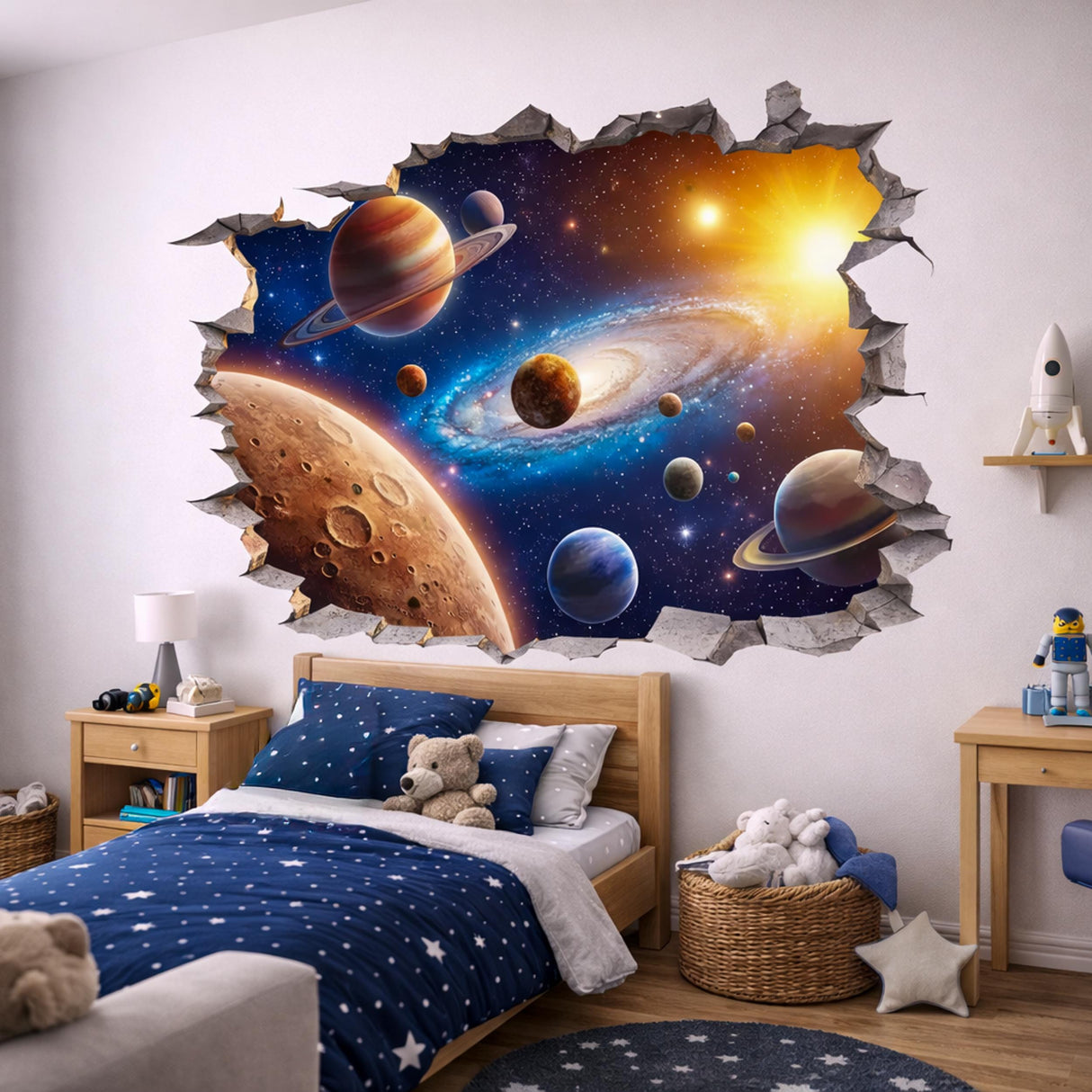 A 3D-effect illustration showing a deep space scene visible through a jagged, realistic crack in a white wall. The cosmic view includes a large cratered planet in the foreground, a ringed planet, a glowing spiral galaxy, and a bright yellow sun against a star-filled nebula background.