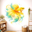 A vibrant watercolor-style illustration of a yellow and green Betta fish on a white background. The fish has long, flowing, translucent fins with iridescent teal tips. It is surrounded by small soft-colored bubbles and tiny golden four-pointed stars.