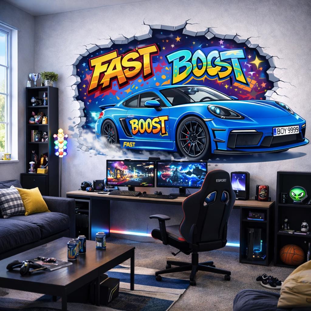 3D Blue Race Car Wall Decal | Graffiti Sports Car Mural | Fast Boost Wall Sticker | Boys Room Decor | Kids Playroom Art | Car Through Wall