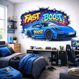 3D Blue Race Car Wall Decal | Graffiti Sports Car Mural | Fast Boost Wall Sticker | Boys Room Decor | Kids Playroom Art | Car Through Wall