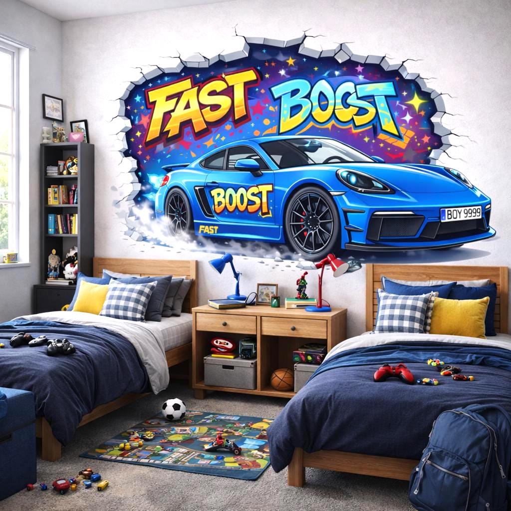 3D Blue Race Car Wall Decal | Graffiti Sports Car Mural | Fast Boost Wall Sticker | Boys Room Decor | Kids Playroom Art | Car Through Wall