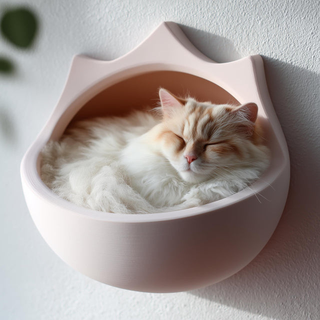 3D printed crown-shaped wall mounted cat bed in matte blush PLA with a fluffy cream cat sleeping inside, installed on a textured light wall.