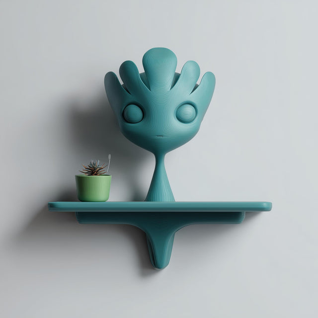 3D printed playful fantasy character wall shelf with rounded cute creature design and integrated shelf, mounted on a clean light interior wall.