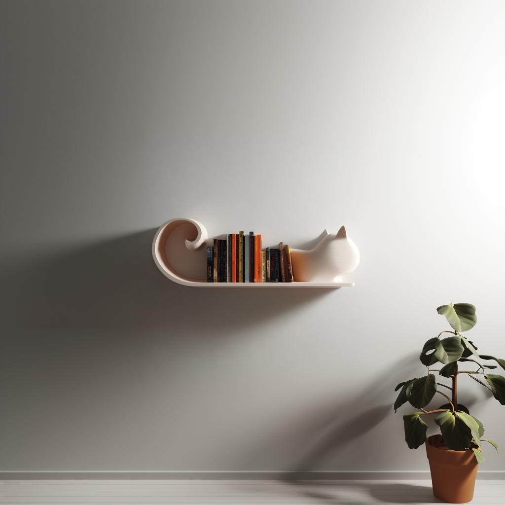 Minimal Cat Shaped Wall Shelf Decor | 3D Printed Sculptural Book Shelf | Modern Scandinavian Accent Shelf for Clean Contemporary Interiors
