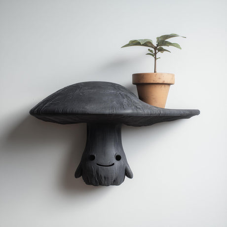 3D printed cute mushroom character wall shelf with smiling face and wide cap surface, mounted on a clean modern interior wall.