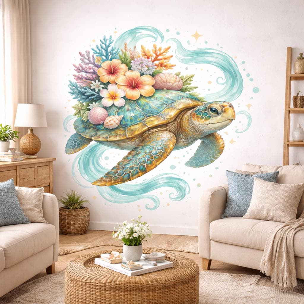 Sea Turtle Wall Decal | Tropical Floral Wall Sticker | Coastal Nursery Decor | Ocean Life Vinyl Art | Bathroom Wall Decor | Hibiscus Turtle