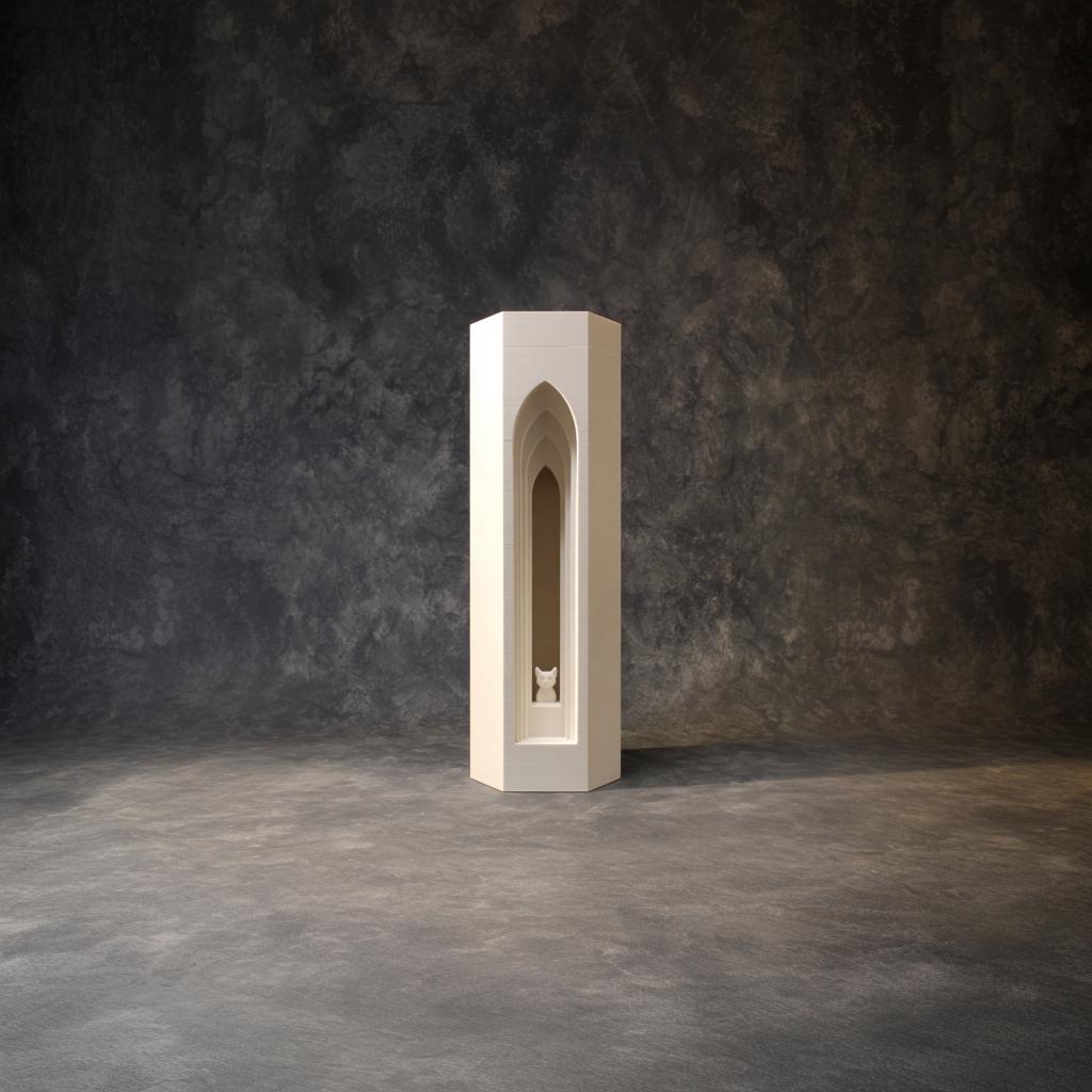 Cat Memorial Urn Tower | 3D Printed Architectural Gothic Arch Keepsake for Pet Ashes | Modern Minimal Remembrance Decor, Sympathy Gift Home