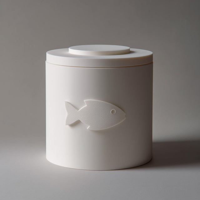 3D printed minimalist cylindrical pet ashes urn with a raised fish emblem on the front and a fitted lid, visible print texture, studio grey background.