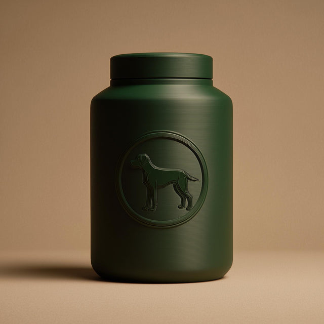 3D printed minimalist pet ashes urn shaped as a clean jar with a raised dog emblem medallion on the front and a fitted lid, studio background.