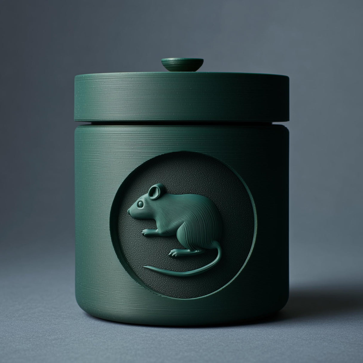 3D printed minimalist cylindrical pet ashes urn with a raised mouse medallion on the front and a fitted lidded top, visible print texture, studio background.
