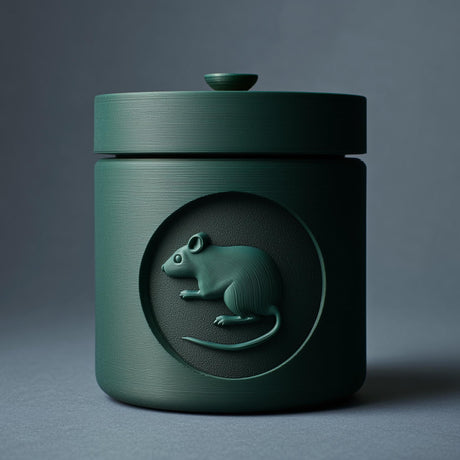 3D printed minimalist cylindrical pet ashes urn with a raised mouse medallion on the front and a fitted lidded top, visible print texture, studio background.