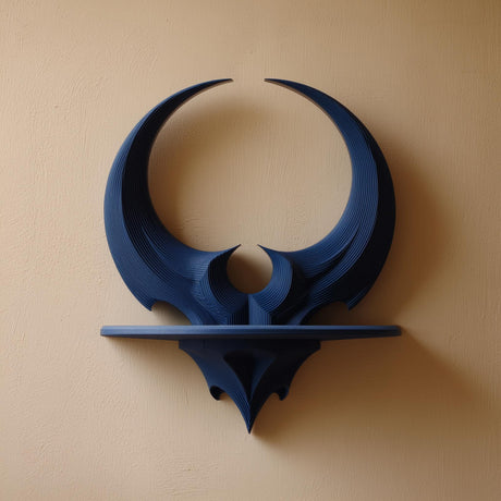 3D printed dark fantasy wall mounted shelf with a horned crescent silhouette and slim floating ledge, visible print texture, mounted on a plain wall.