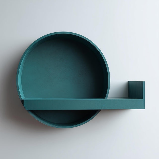 3D printed round wall shelf with a circular tray backplate and a slim floating ledge featuring a small side stopper, minimalist studio wall background.