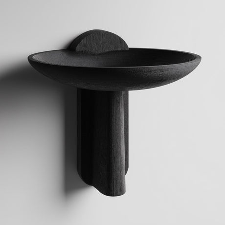 3D printed wall mounted bowl shelf with a wide shallow tray and vertical sculptural support, visible print texture, mounted on a clean studio wall.