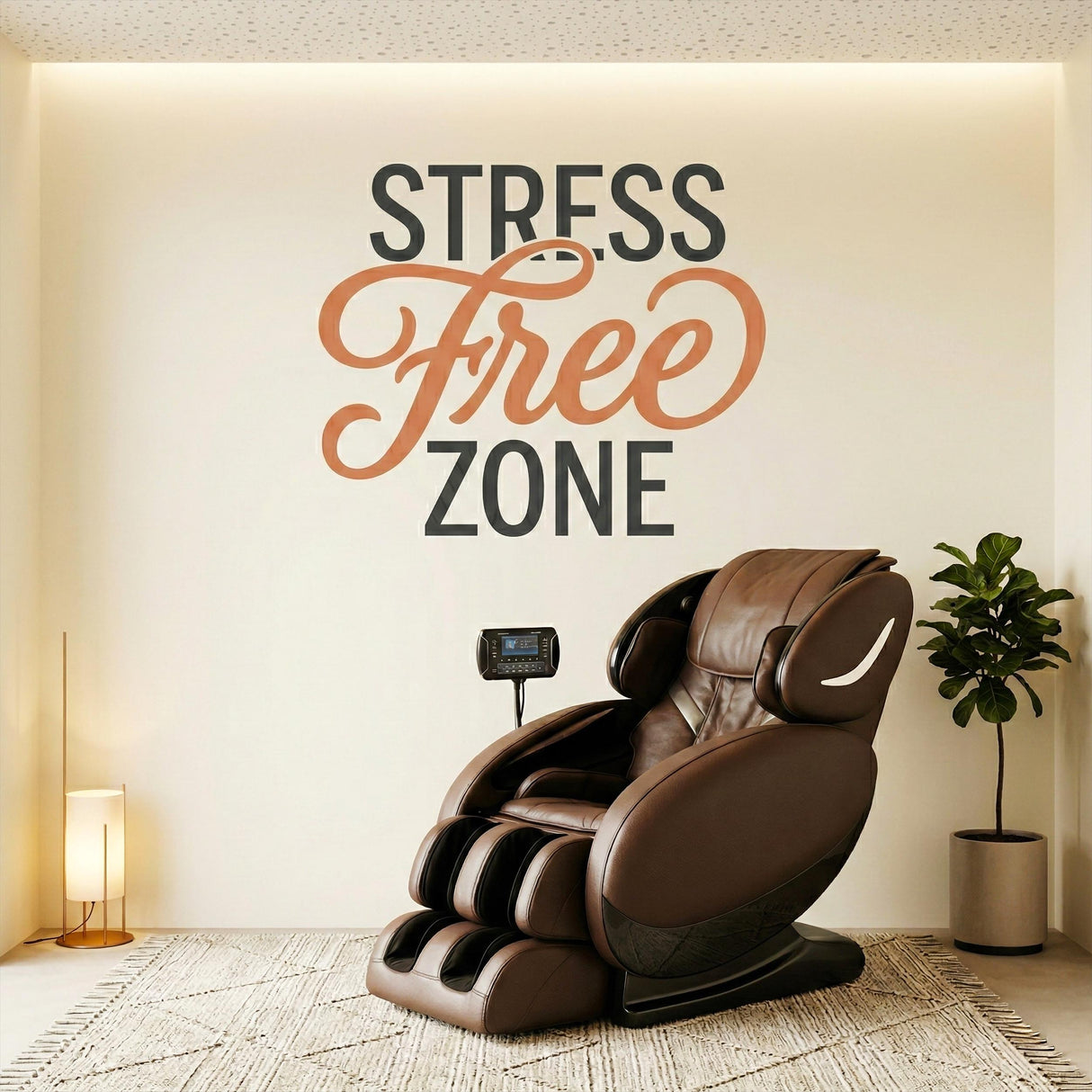 A wall decal that reads STRESS Free ZONE. The words STRESS and ZONE are printed in large, dark charcoal grey block letters. The word Free is positioned between them in an elegant, flowing, terracotta-colored cursive script. The text is applied directly to a smooth, light-colored wall, creating a clean, painted-on appearance. The surrounding settings include a plush brown massage chair, a modern office meeting room, and a serene yoga space, suggesting a peaceful, relaxing environment.
