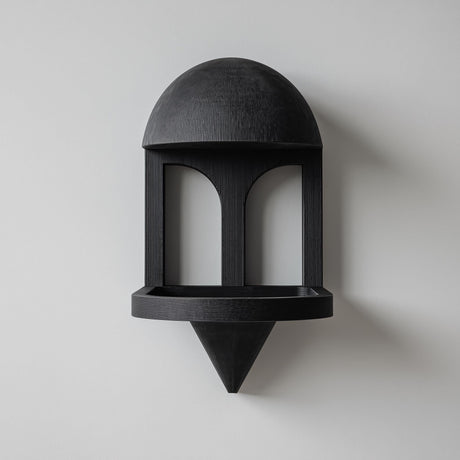 3D printed mushroom-inspired wall mounted shelf with a domed canopy, arched window frame sides, and a small tray ledge, shown on a wall with a hand for scale.