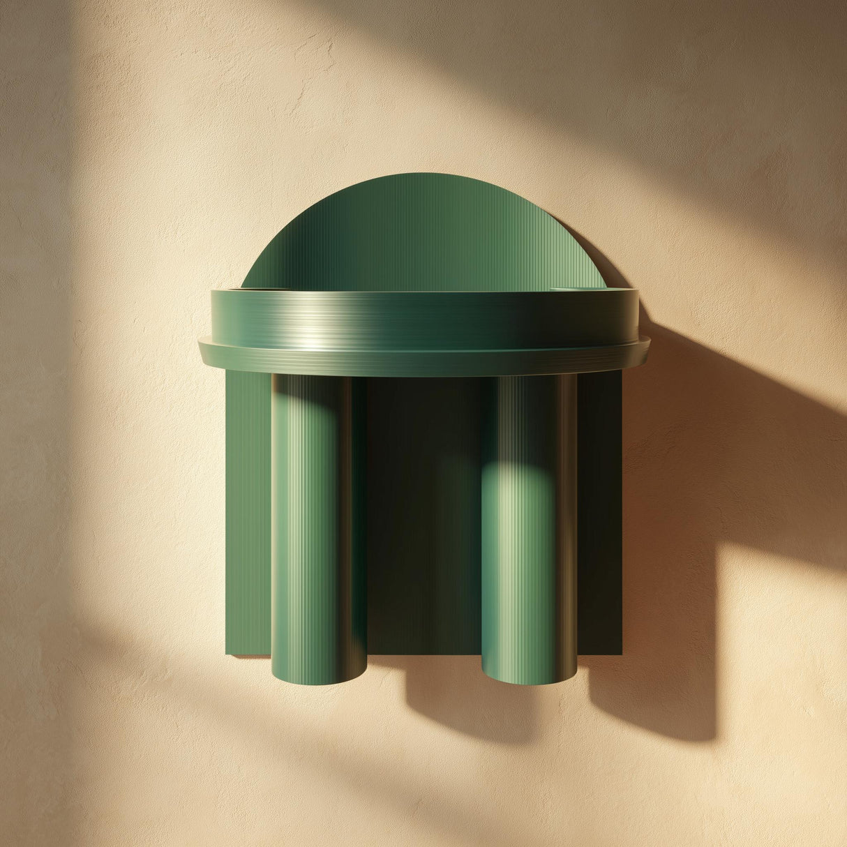 3D printed wall mounted shelf with a domed canopy top, two cylindrical column supports, and a compact floating ledge, photographed in warm sunlight.