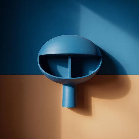 3D printed dome niche wall shelf with two split compartments and a small stem-like support, minimalist floating wall display mounted in warm natural light.