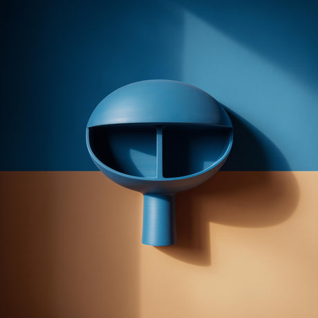 3D printed dome niche wall shelf with two split compartments and a small stem-like support, minimalist floating wall display mounted in warm natural light.