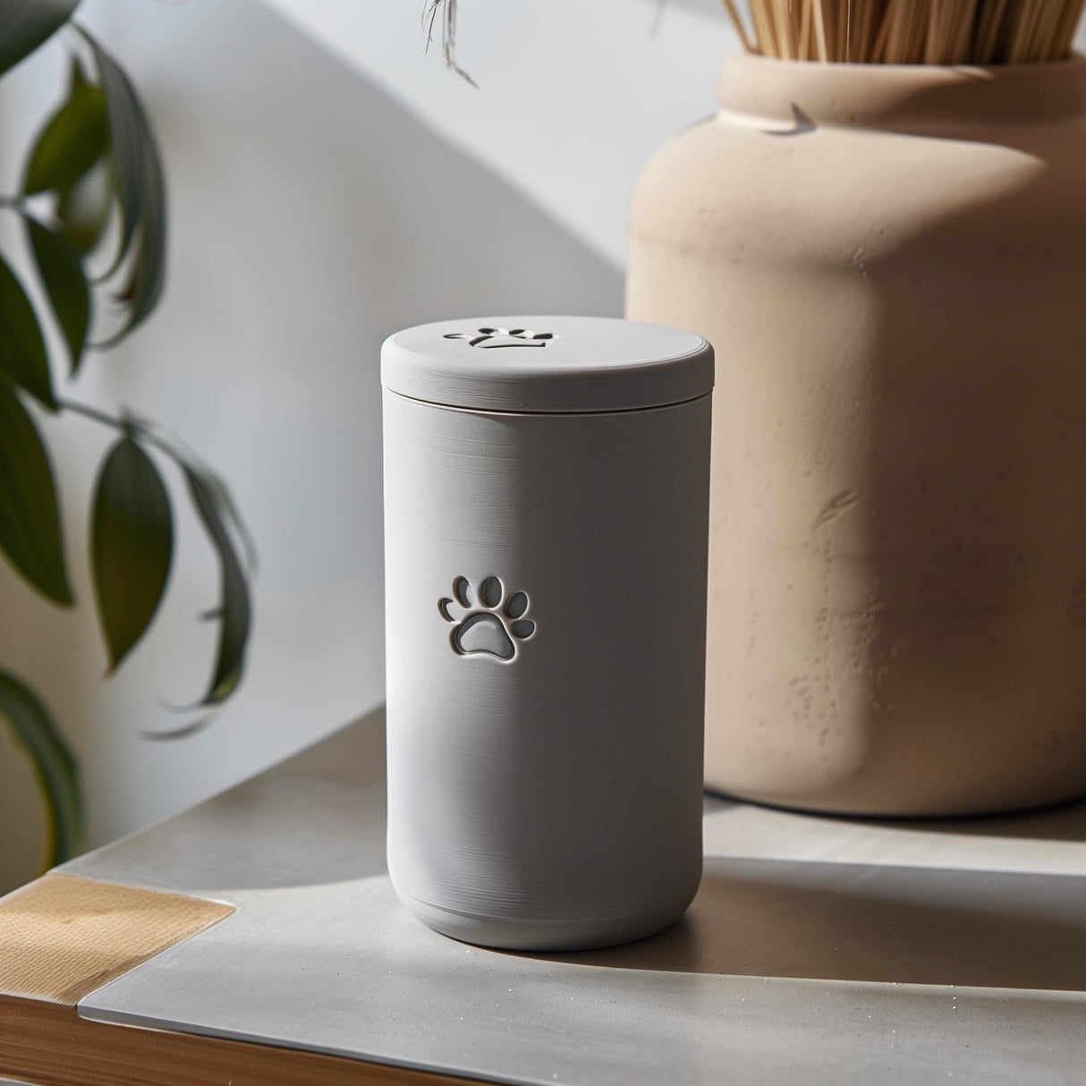 3D printed minimalist cylindrical pet ashes urn with a raised paw print emblem and fitted lid, displayed on a tabletop in soft natural light.