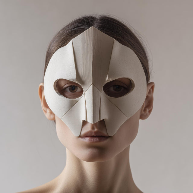 3D printed geometric face mask with sharp folded facets and almond eye openings, minimalist half-mask style, worn in a studio portrait on a neutral background.