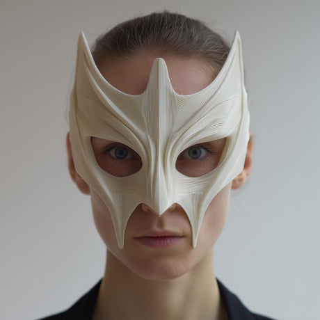 3D printed futuristic sculptural face mask with winged, horned crest lines and open eye cutouts, worn in a clean studio portrait on a neutral background.