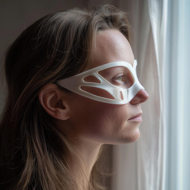 3D printed minimalist contour eye mask with flowing side cutout panels, worn in side profile near a window with soft daylight, visible print texture.