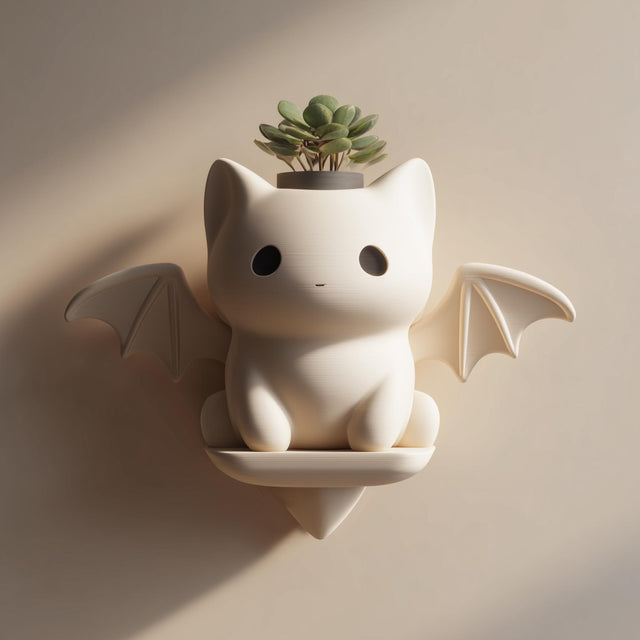 3D printed kawaii bat cat wall planter shelf in matte cream PLA, mounted on a warm neutral wall and holding a small succulent plant.