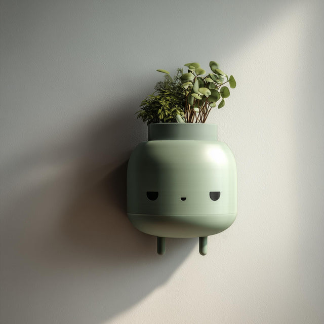 3D printed minimalist character wall planter in matte sage green PLA mounted on a neutral wall, holding small green plants.
