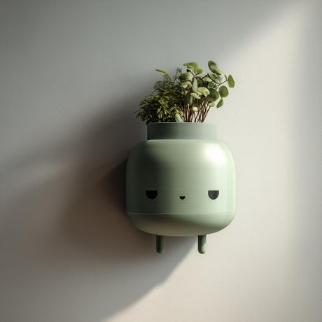 3D printed minimalist character wall planter in matte sage green PLA mounted on a neutral wall, holding small green plants.