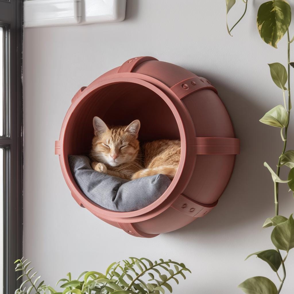 Industrial Barrel Wall Mounted Cat Bed | 3D Printed Floating Cat Cave | Modern Minimalist Cat Furniture Cozy Indoor Sleeping Pod