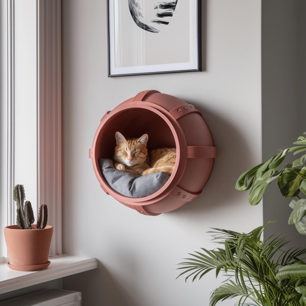 Industrial Barrel Wall Mounted Cat Bed | 3D Printed Floating Cat Cave | Modern Minimalist Cat Furniture Cozy Indoor Sleeping Pod