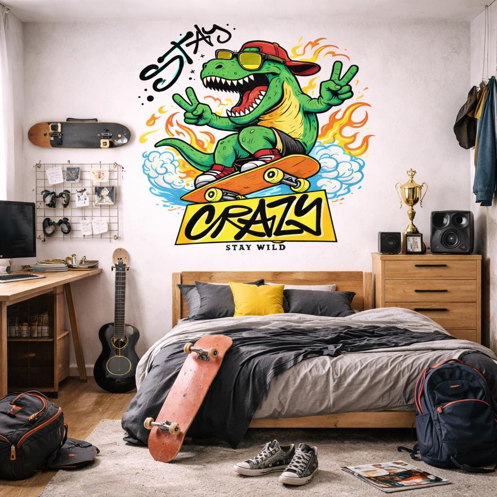 Skateboarding T-Rex Decal | Stay Crazy Dinosaur Sticker | Cool T-Rex Wall Art | Skater Dino Graphic | Retro 90s Streetwear Mural