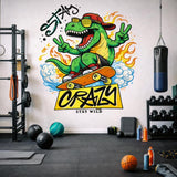 Skateboarding T-Rex Decal | Stay Crazy Dinosaur Sticker | Cool T-Rex Wall Art | Skater Dino Graphic | Retro 90s Streetwear Mural