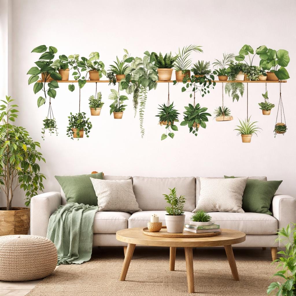 Indoor Plant Shelf Wall Decal | Potted Greenery Mural | Hanging Plant Sticker | Urban Jungle Wall Art | Biophilic Home Decor