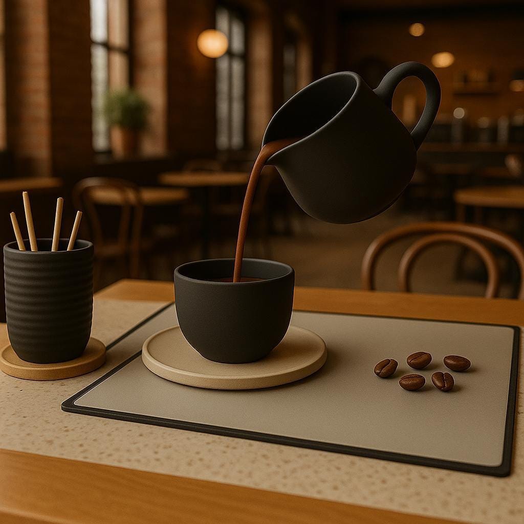 Floating Coffee Pour Sculpture | Black 3D Printed Coffee Art Optical Illusion Kitchen Decor | Coffee Lover Gift Barista Unique Coffee Bar