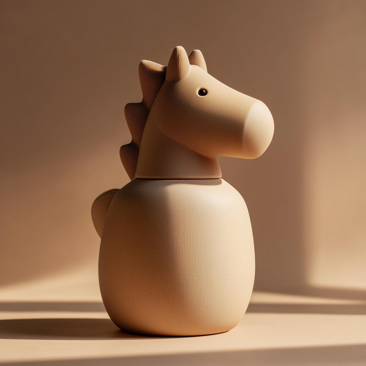 3D printed horse-shaped pet ashes urn in warm neutral beige with visible print texture, displayed on a minimalist tabletop with soft modern decor vases.