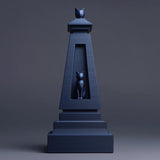 Matte blue 3D printed obelisk-style pet ashes urn with a recessed window showing a small cat figure, minimalist studio grey background, visible print texture.