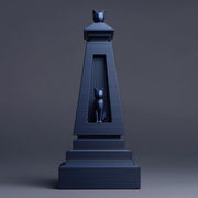 3D printed cat obelisk memorial urn with recessed cat figure and geometric form