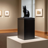 3D printed modern pet ashes urn in a clean square keepsake box with a seated cat figurine on the lid, displayed on a gallery pedestal with framed art.