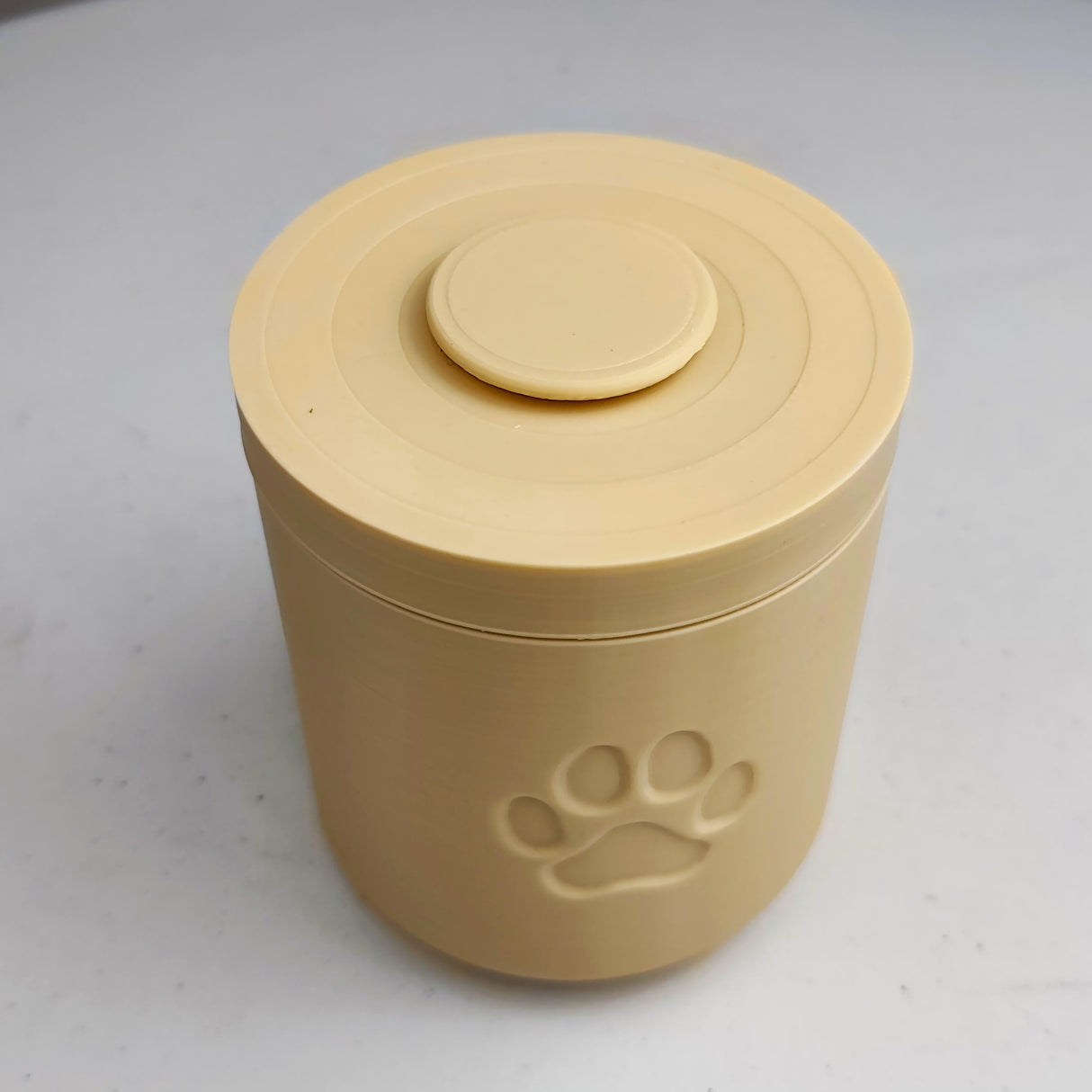 3D Printed Pet Memorial Urn | Minimalist Cylindrical Cremation Urn with Paw Print | Modern Remembrance Decor for Dogs or Cats