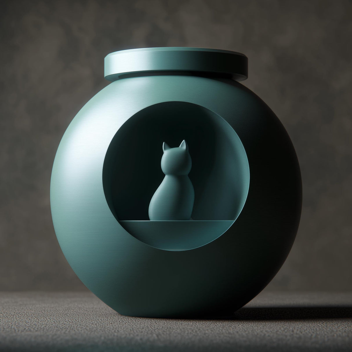 3D printed orb-shaped pet ashes urn with a circular recessed window featuring a small cat figure inside, fitted lid on top, studio-style background.