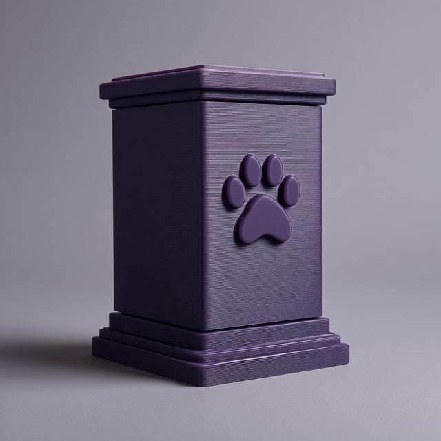 3D printed minimalist rectangular pet ashes urn with a raised paw print emblem on the front, stepped base and lid, visible print texture, studio backdrop.