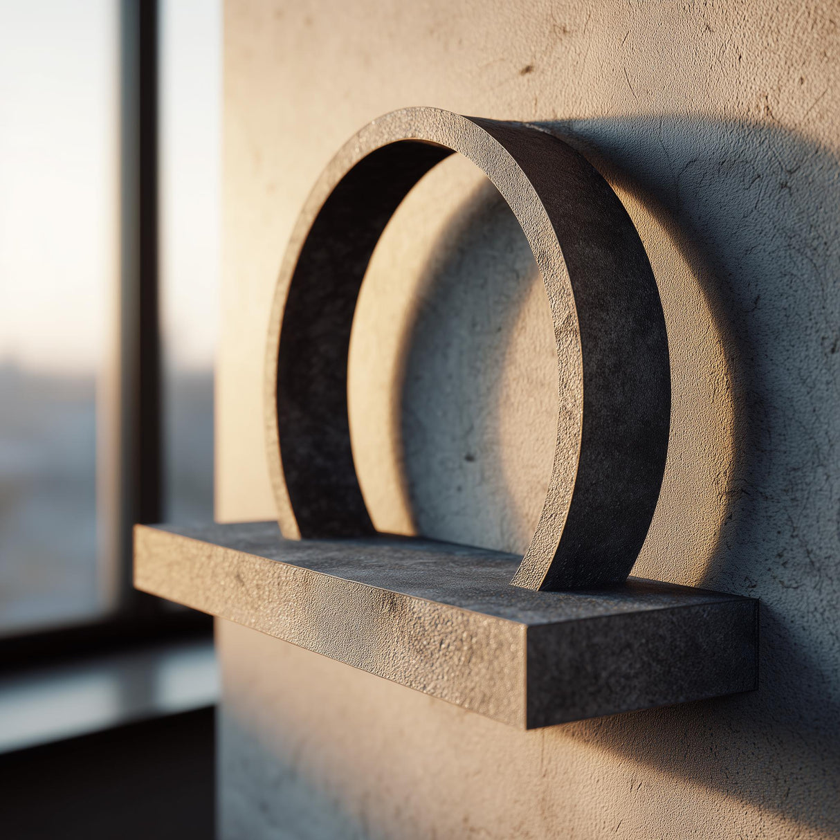 3D printed wall mounted shelf with a bold circular arch ring back and a slim floating ledge, shown against a textured wall near a window in warm light.