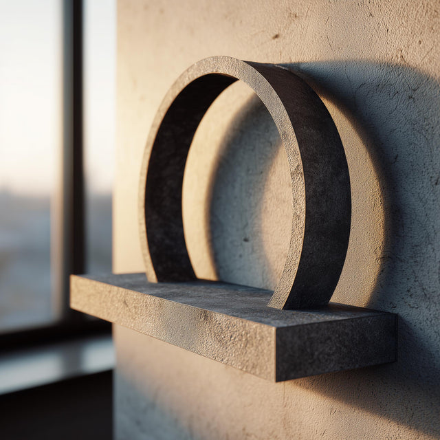 3D printed wall mounted shelf with a bold circular arch ring back and a slim floating ledge, shown against a textured wall near a window in warm light.