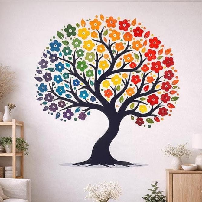 A digital illustration of a black tree silhouette on a light grey background. The tree's canopy is made of many small, flat-style flowers and leaves arranged in a rainbow gradient, moving from purple and blue on the left to green, yellow, orange, and red on the right.