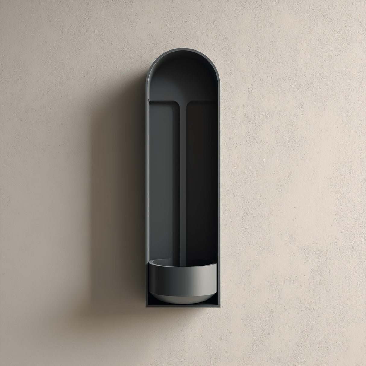 3D printed arched niche wall shelf with a tall recessed alcove and a small built-in bowl tray at the bottom, minimalist design mounted on a textured wall.