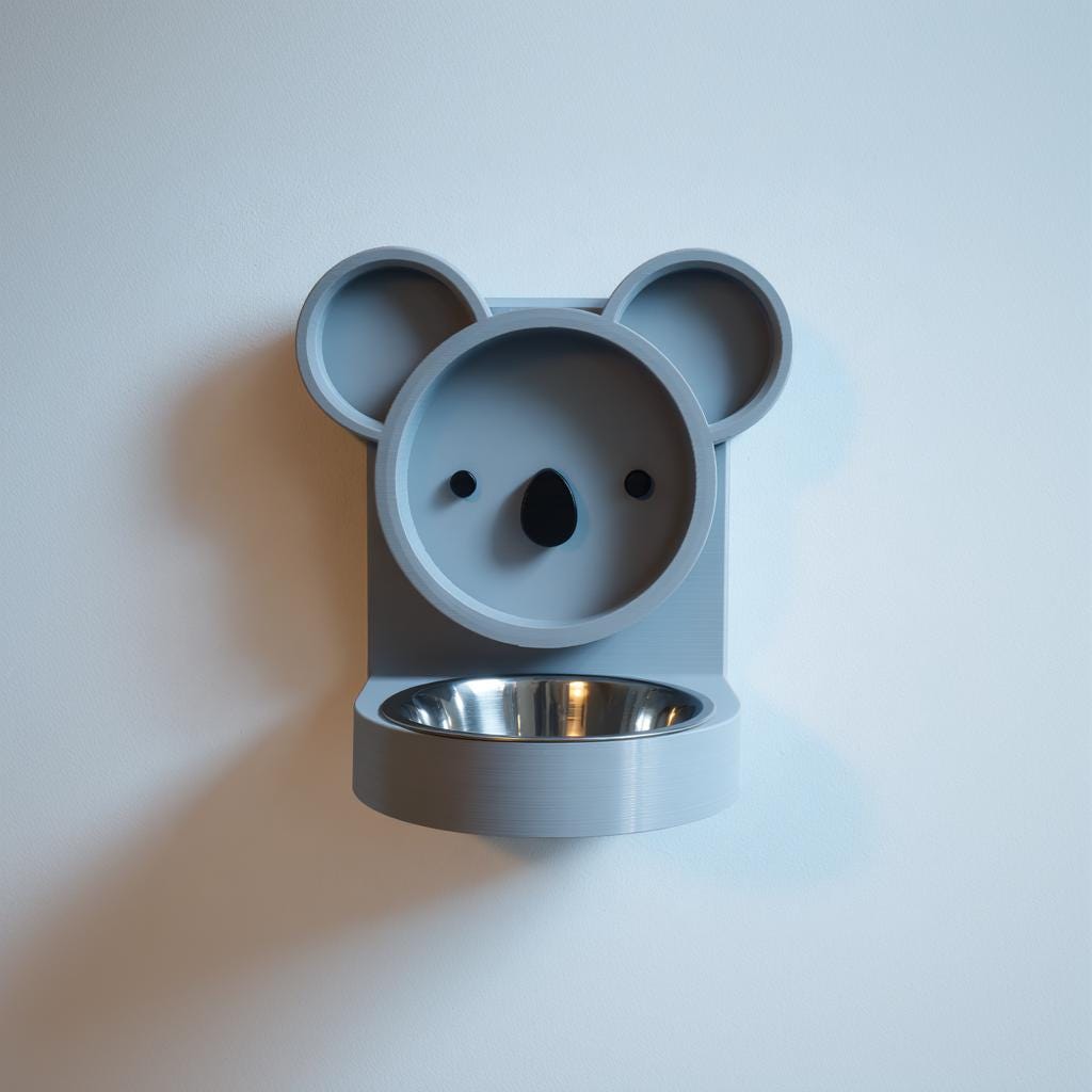 Koala Wall Mounted Pet Bowl Holder Frame | 3D Printed Cute Raised Feeder for Cat or Small Dog | Kawaii Feeding Station Home Decor