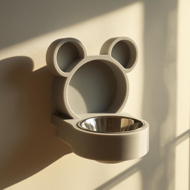 3D printed bear-shaped wall mounted pet bowl holder with round ears and a circular bowl opening, photographed in warm sunlight on a clean wall.
